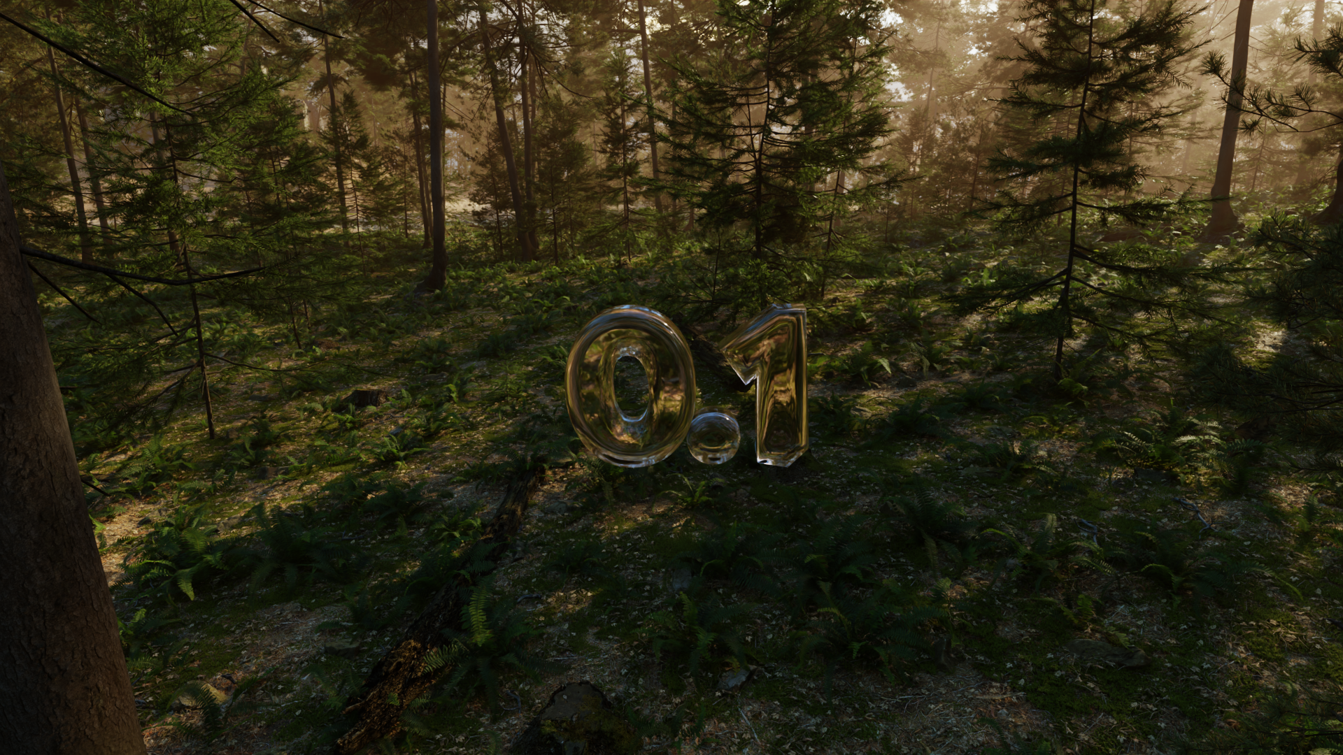 A forest scene rendered in Metisor Alpha 0.1, featuring a glass sculpture of the version number 0.1